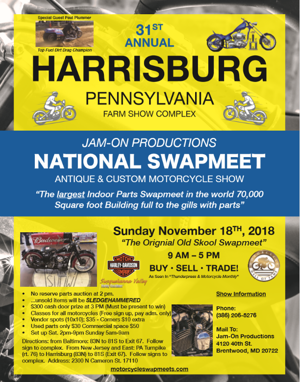 31st Ann Harrisburg FALL Motorcycle Swapmeet &Show Jam-On Productions WorldsLargest